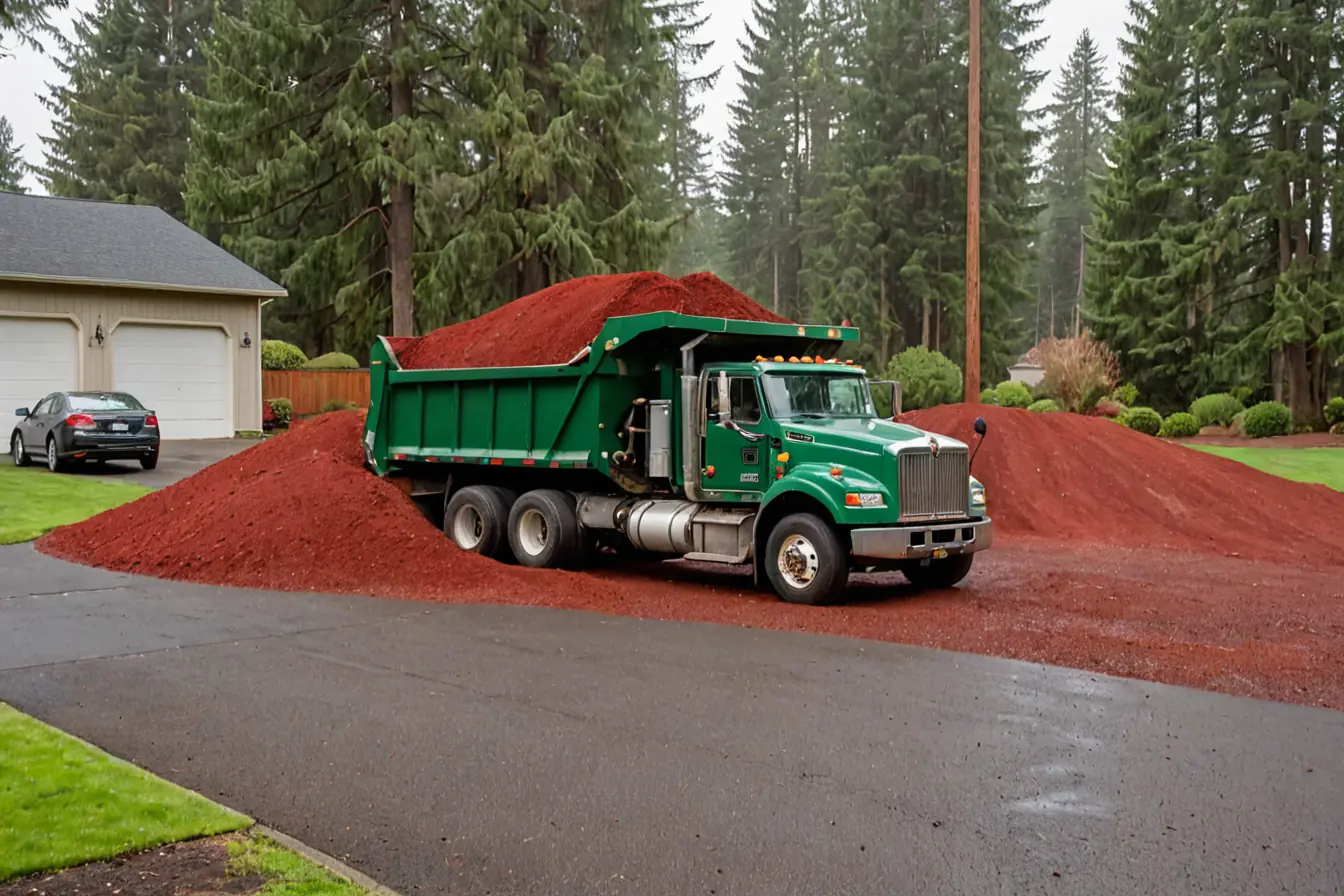 A truck tipping red bark dust onto a driveway