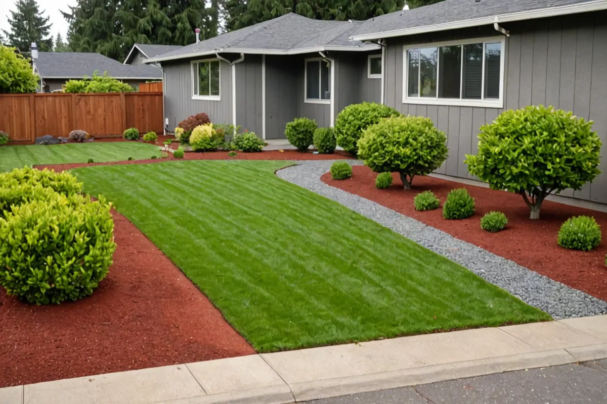 A finished front yard with red bark beds, a gravel path and a new lawn