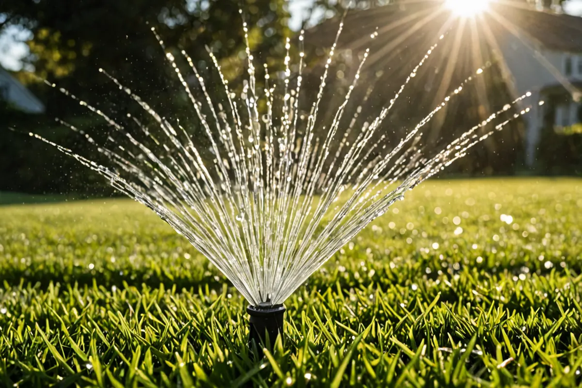 A pop-up sprinkler spraying an arc of water over a lawn